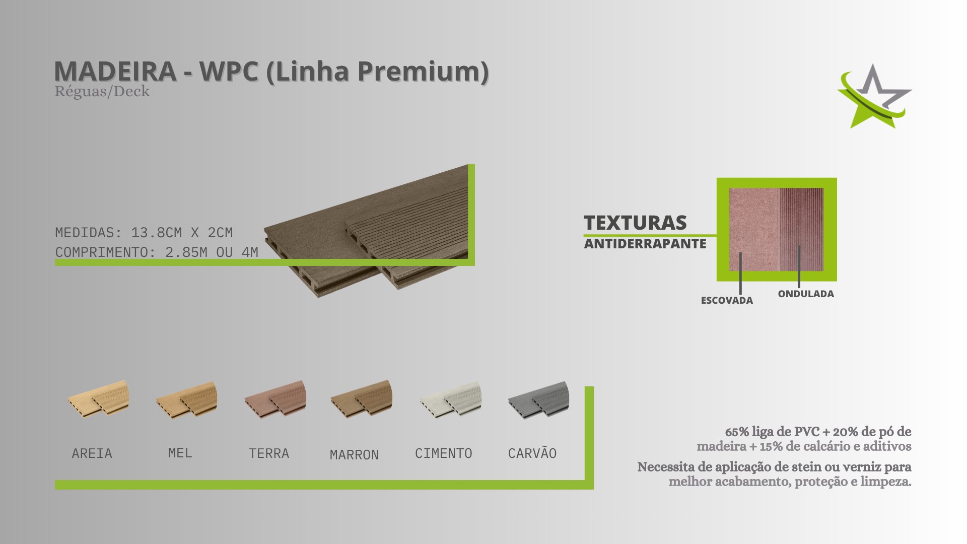 A linha de Madeira Ecológica WPC da Star Deck une sofisticação, resistência e um visual mais natural para projetos de alto padrão.

Composta por madeira e plástico em sua composição, o WPC proporciona uma aparência mais rústica e aconchegante, valorizando áreas externas com elegância e personalidade. 🏡

Disponível em 6 cores exclusivas, divididas entre as linhas Classic e Elegancy, a linha oferece versatilidade para diferentes estilos de projeto.

✔ Não solta farpas
✔ Não necessita de lixamento ou envernizamento periódico
✔ Diversas medidas de largura e comprimento
✔ Alta durabilidade e baixa manutenção
✔ Solução completa com mão de obra especializada

A Star Deck entrega segurança, padronização e acabamento premium para transformar seu ambiente com beleza e praticidade.

📲 Conheça todas as opções em nosso site:
www.stardeck.com.br