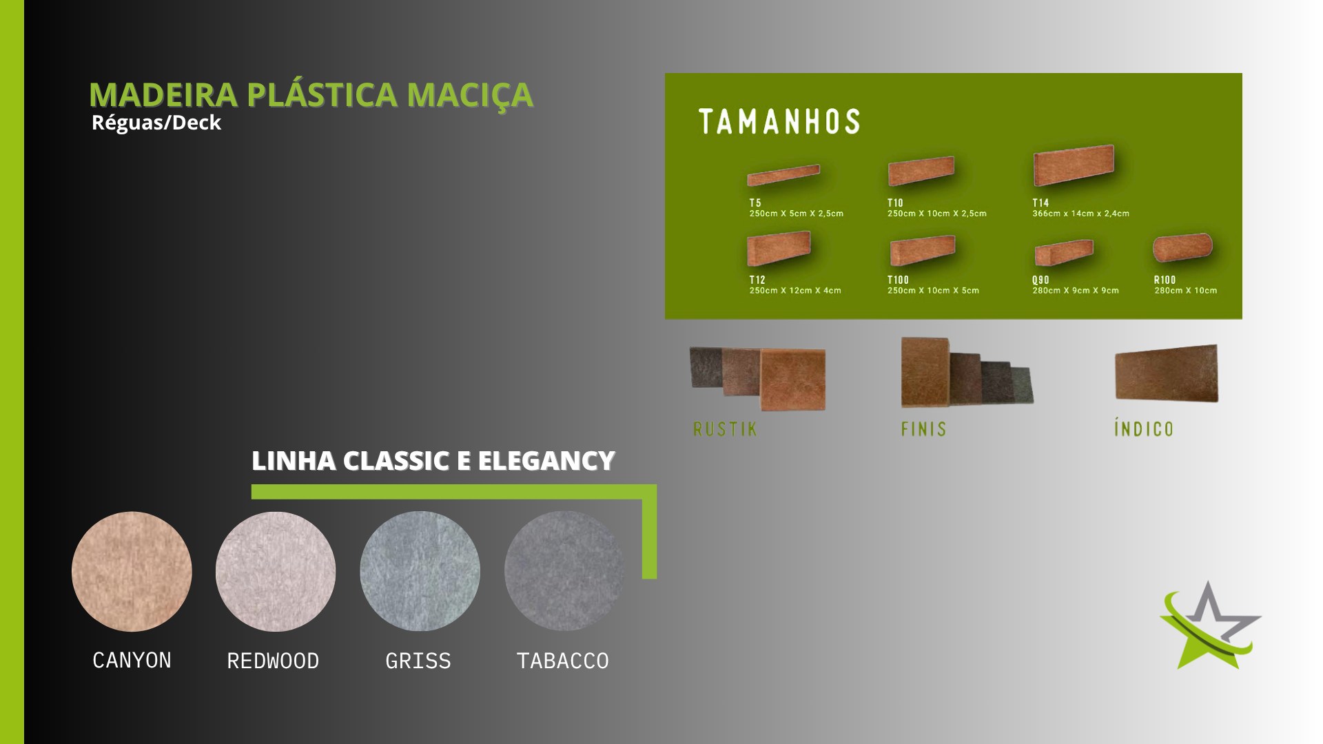 Conheça a nova linha de madeira plástica maciça da Star Deck — desenvolvida para unir sofisticação, resistência e integração perfeita com o paisagismo.

Projetada para valorizar áreas externas com um visual contemporâneo e de alto padrão, a linha traz cores modernas e elegantes que transformam qualquer ambiente com beleza e personalidade. 🏡

✔ Não solta farpas
✔ Não exige lixamento ou envernizamento periódico
✔ Alta durabilidade e baixa manutenção
✔ Diversas medidas para diferentes projetos
✔ Solução completa com mão de obra especializada

Além do acabamento premium, a madeira plástica maciça da Star Deck é uma alternativa sustentável, oferecendo sofisticação sem agredir o meio ambiente. 

Transforme seu espaço externo com segurança, conforto e padrão elevado.

📲 Conheça a nova linha em nosso site: