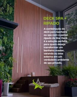 Por que essa combinação é um sucesso em projetos de alto padrão?

  Integração Visual e Sensação de Spa: O painel ripado serve como um elemento vertical que emoldura a banheira, criando uma continuidade estética elegante com o deck horizontal. O resultado é um ambiente harmônico, acolhedor e com atmosfera de hotel de luxo.

  Privacidade com Estilo: O painel ripado funciona como uma divisória charmosa para delimitar a área de relaxamento, filtrando a luz e garantindo privacidade sem fechar totalmente o espaço ou prejudicar a ventilação.

  Segurança e Conforto Térmico: O deck ao redor da banheira oferece uma superfície antiderrapante, agradável ao toque dos pés descalços e segura para a saída do banho, evitando o acúmulo de água no piso.

  Esconderijo para Instalações e Equipamentos: A estrutura do deck e do painel é projetada para ocultar com elegância toda a tubulação, bombas e fiação da banheira/spa, mantendo alçapões discretos para fácil acesso de manutenção.

  Resistência Total à Umidade: Fabricados com materiais de engenharia de alta performance (como a madeira ecológica ou compostos especiais), os decks e painéis da Star Deck não mofam, não apodrecem e não empenam com o vapor contínuo ou o contato direto com a água.