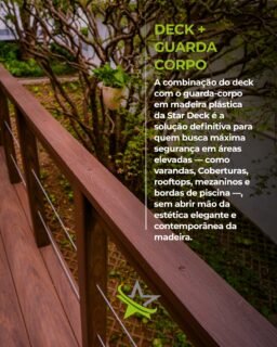 Os Grandes Diferenciais Dessa Solução Integrada:

  Segurança e Estabilidade Estrutural: O guarda-corpo em madeira plástica oferece altíssima resistência mecânica e firmeza contra impactos, atendendo às normas de segurança para proteção de superfícies elevadas e escadas.

  Resistência Extrema ao Sol e à Maresia: Por ser um composto sustentável de alta tecnologia, a madeira plástica não absorve umidade. Isso significa que não descasca, não mofa, não enferruja e não sofre com a maresia, sendo perfeita para regiões litorâneas e áreas expostas ao tempo.

  Segurança para Pés Descalços e Crianças: O deck e o guarda-corpo em madeira plástica não soltam farpas, não criam rachaduras e possuem superfície antiderrapante, garantindo tranquilidade total para circulação de crianças e animais de estimação.

  Sustentabilidade e Zero Manutenção: Um produto 100% ecológico, feito com plásticos reciclados de alta densidade e fibras processadas. Elimina a necessidade diária ou anual de lixamento, pintura e aplicação de vernizes ou produtos químicos nocivos.

 #ÁreaGourmet #Arquitetura #MadeiraEcológica #Resort #MadeiraPlástica #StarDeck #DesignDeInteriores #Paisagismo #AltoPadrão #Deck #TransformandoAmbientes #DeckExterno