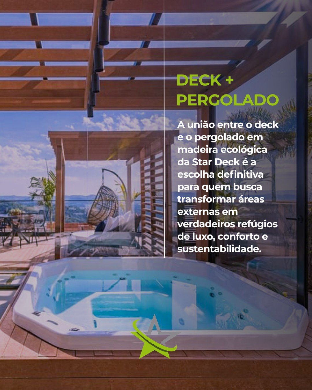 Por que escolher essa combinação para o seu projeto?

  Estética de Alto Padrão sem Desmatamento: Com textura, textura tátil e visual idênticos à madeira natural, a madeira ecológica da Star Deck oferece todo o aconchego do material nobre sem derrubar uma única árvore.

  Alta Durabilidade e Resistência: Desenvolvida para resistir às intempéries mais severas — como sol forte, chuva e maresia —, essa solução não empena, não solta farpas e não apodrece com o tempo.

  Baixa Manutenção: Ao contrário da madeira tradicional, que exige lixamento e aplicação frequente de verniz, a madeira ecológica preserva sua beleza e cor por muito mais tempo, garantindo praticidade no dia a dia.

  Conforto Térmico e Sombra Sob Medida: O pergolado cria a estrutura e o sombreamento ideais para o espaço de convivência, enquanto o deck delimita a área com elegância, resultando em um visual moderno e acolhedor.

 #MadeiraEcológica #Deck #MadeiraPlástica #Arquitetura #Construção #Spa #AmbientesPremium #Design #ÁreaExterna #DeckMaciço #Piscina #Transformação #BemEstar #SpaDay #TransformaçãoDeAmbientes #ÁreaMolhada